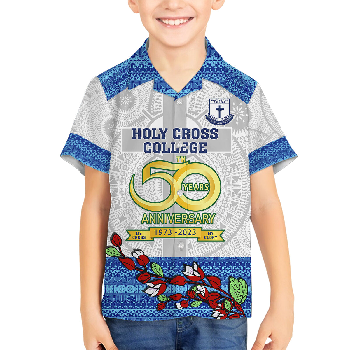 Fiji Holy Cross College Family Matching Long Sleeve Bodycon Dress and Hawaiian Shirt Happy 50th Anniversary Fijian Tagimoucia Tapa Pattern LT14 Son's Shirt White - Polynesian Pride