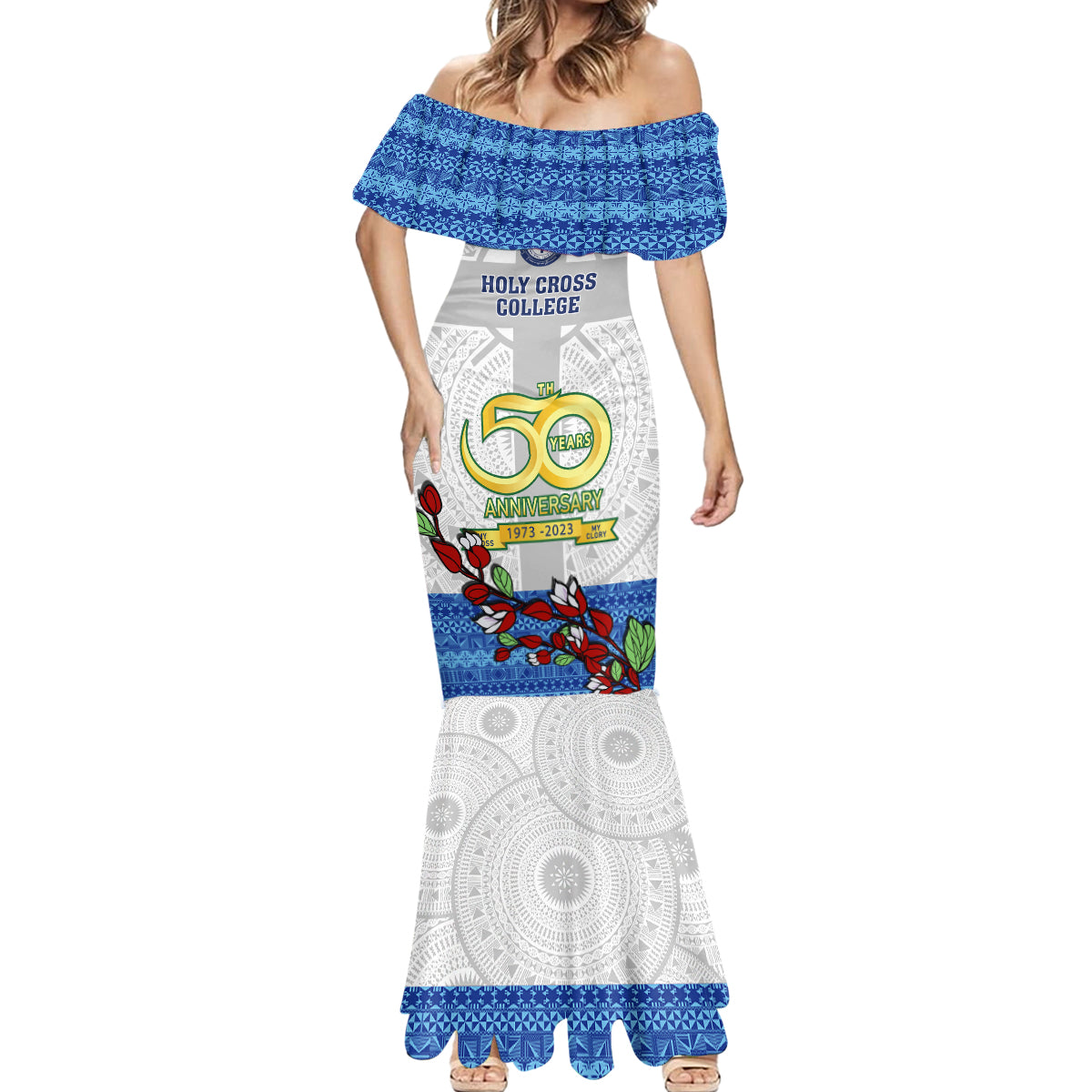 fiji-holy-cross-college-mermaid-dress-happy-50th-anniversary-fijian-tagimoucia-tapa-pattern