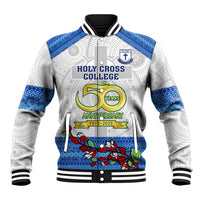 Personalised Fiji Holy Cross College Baseball Jacket Happy 50th Anniversary Fijian Tagimoucia Tapa Pattern LT14 Unisex White - Polynesian Pride