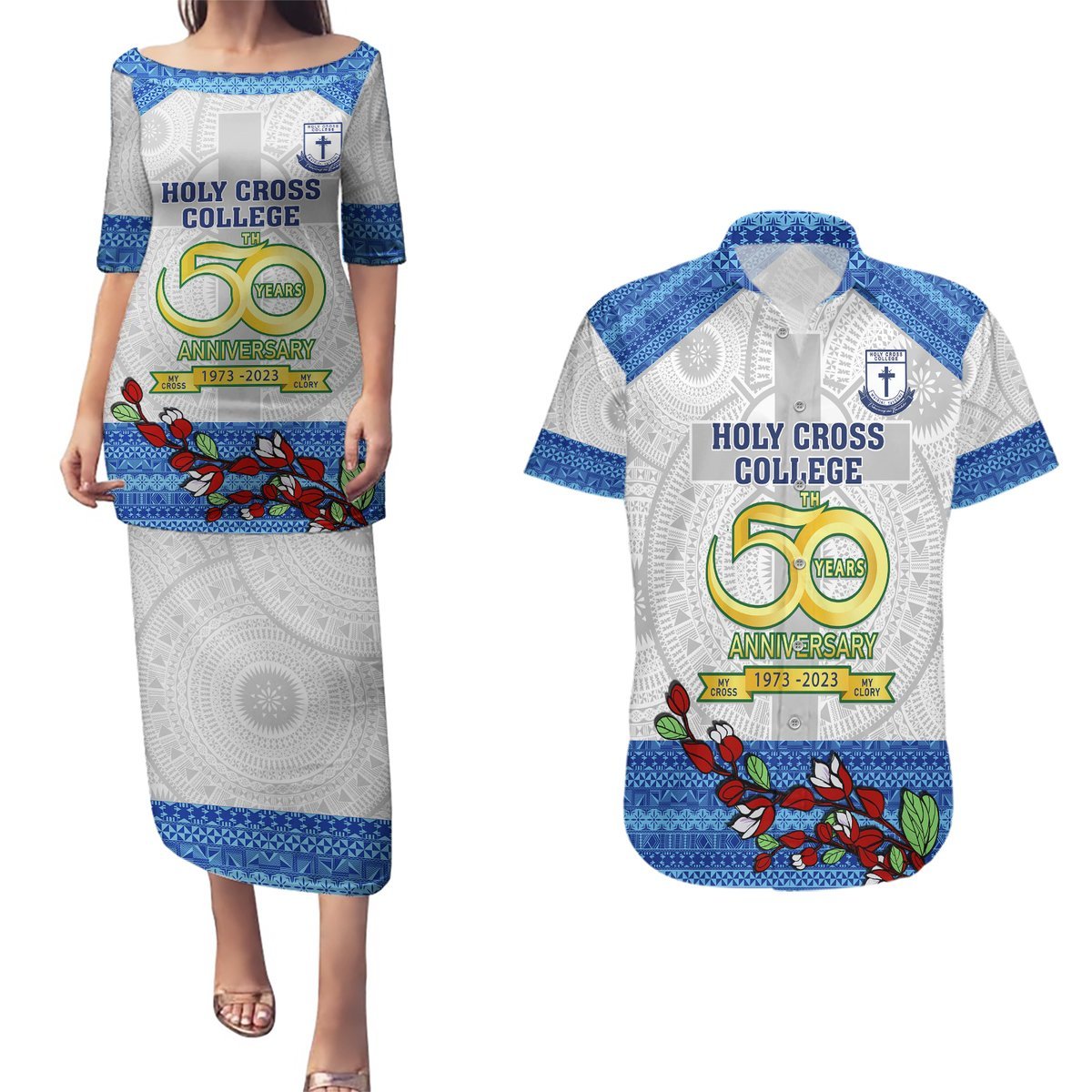 Personalised Fiji Holy Cross College Couples Matching Puletasi Dress and Hawaiian Shirt Happy 50th Anniversary Fijian Tagimoucia Tapa Pattern LT14 White - Polynesian Pride