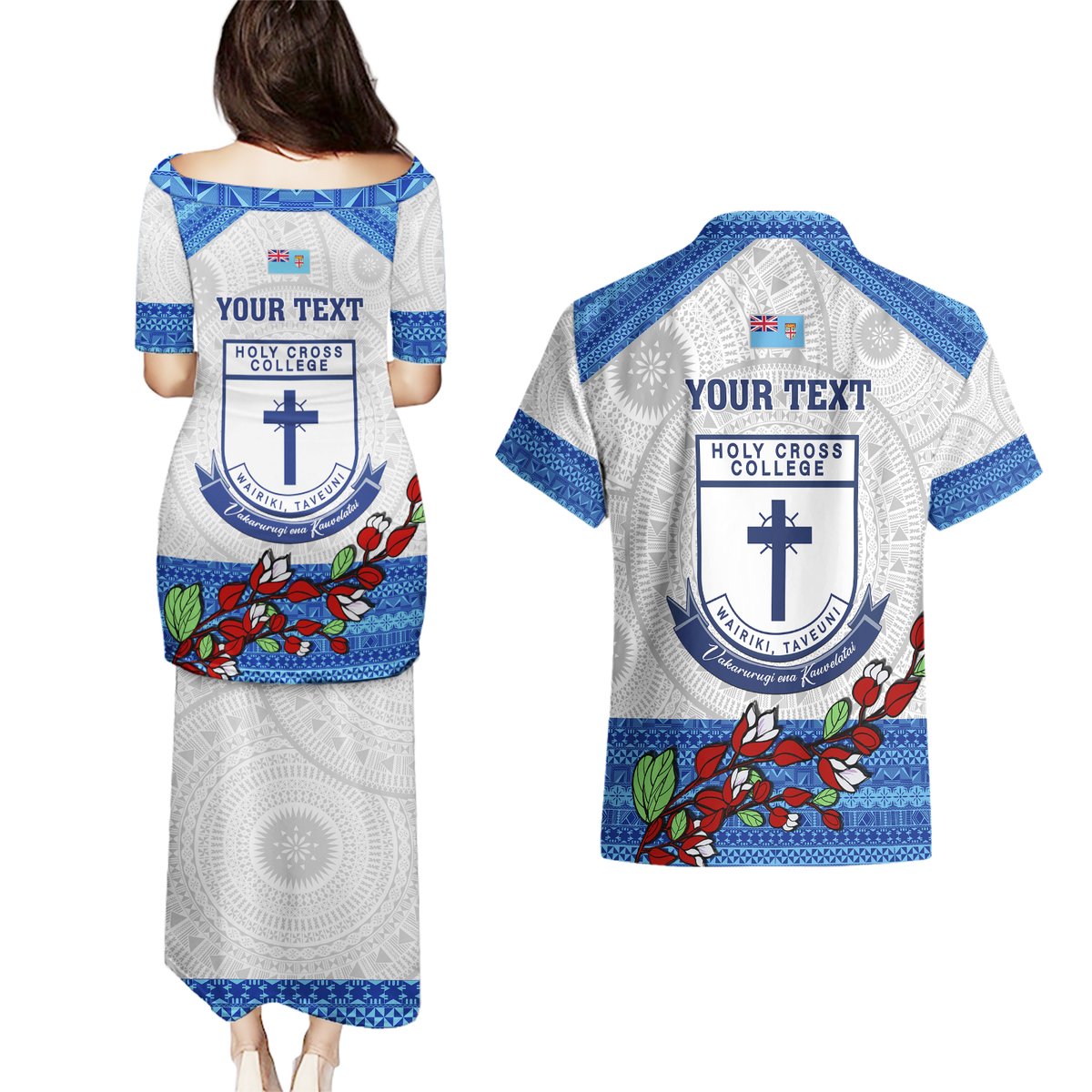 Personalised Fiji Holy Cross College Couples Matching Puletasi Dress and Hawaiian Shirt Happy 50th Anniversary Fijian Tagimoucia Tapa Pattern LT14 - Polynesian Pride