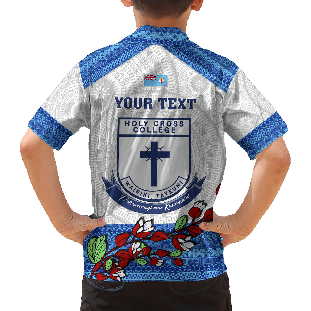 personalised-fiji-holy-cross-college-family-matching-off-shoulder-long-sleeve-dress-and-hawaiian-shirt-happy-50th-anniversary-fijian-tagimoucia-tapa-pattern
