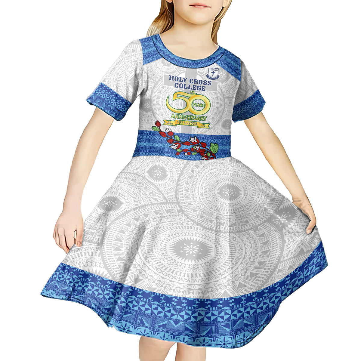 personalised-fiji-holy-cross-college-kid-short-sleeve-dress-happy-50th-anniversary-fijian-tagimoucia-tapa-pattern