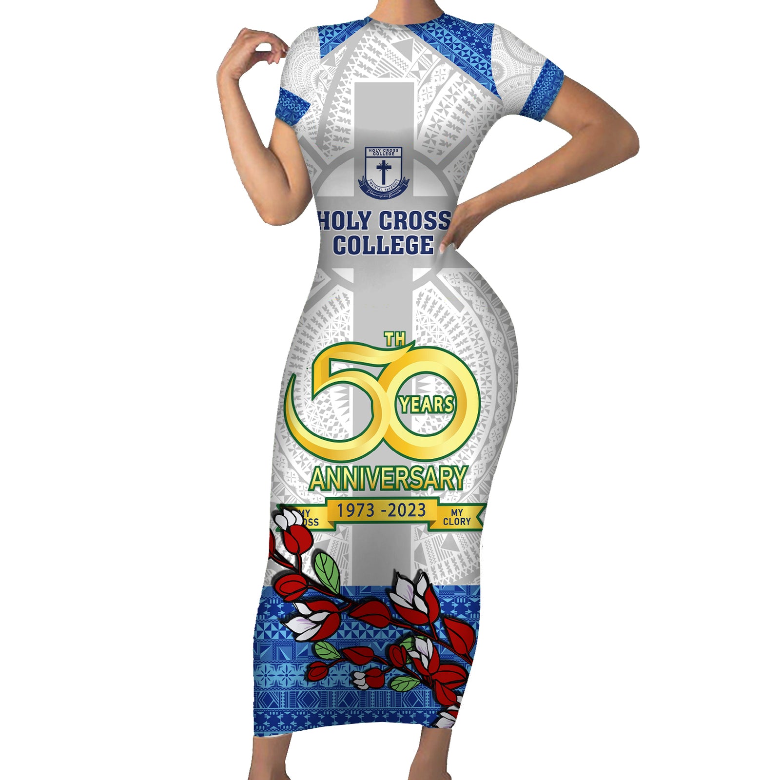 personalised-fiji-holy-cross-college-short-sleeve-bodycon-dress-happy-50th-anniversary-fijian-tagimoucia-tapa-pattern