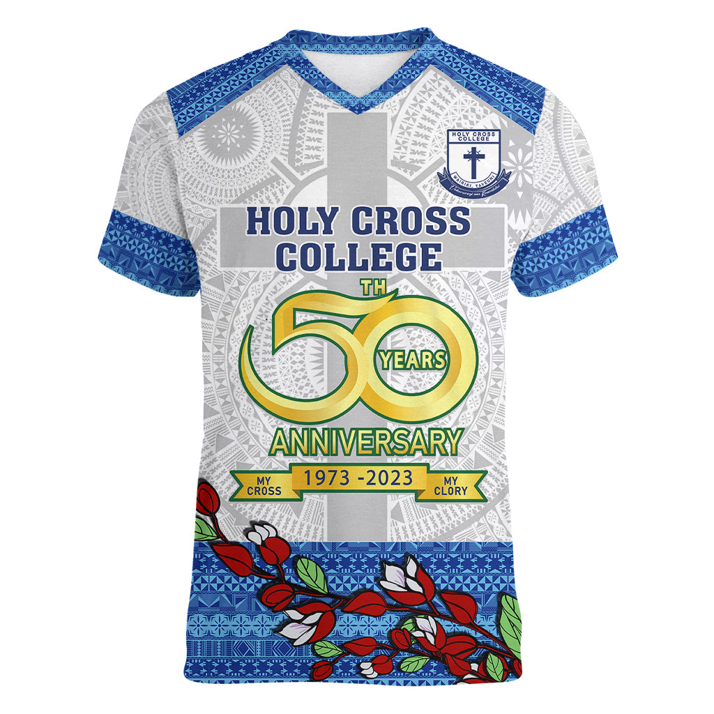 personalised-fiji-holy-cross-college-women-v-neck-t-shirt-happy-50th-anniversary-fijian-tagimoucia-tapa-pattern