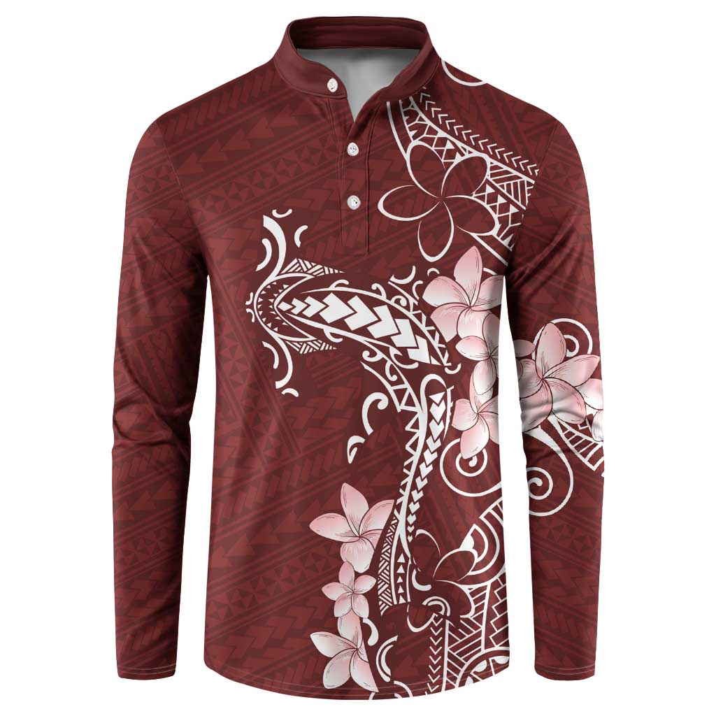 Oxblood Hawaii Button Sweatshirt Hammerhead Shark Tattoo Curve Polynesian - Polynesian Pride