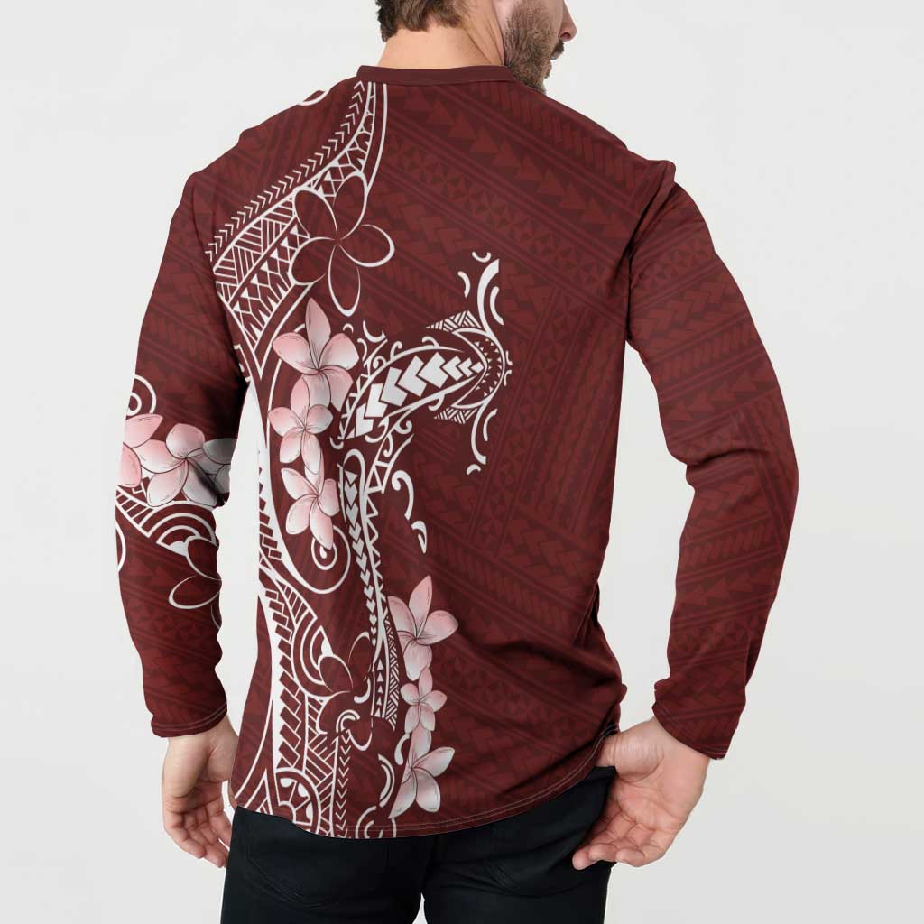 Oxblood Hawaii Button Sweatshirt Hammerhead Shark Tattoo Curve Polynesian - Polynesian Pride