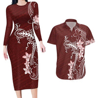 Oxblood Hawaii Couples Matching Long Sleeve Bodycon Dress and Hawaiian Shirt Hammerhead Shark Tattoo Curve Polynesian - Polynesian Pride