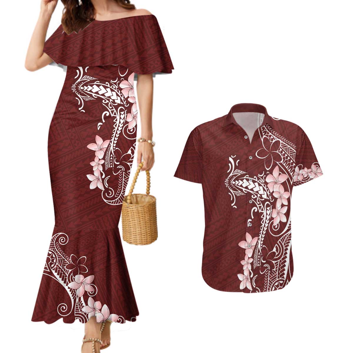 Oxblood Hawaii Couples Matching Mermaid Dress and Hawaiian Shirt Hammerhead Shark Tattoo Curve Polynesian - Polynesian Pride
