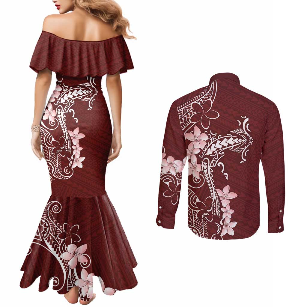 Oxblood Hawaii Couples Matching Mermaid Dress and Long Sleeve Button Shirt Hammerhead Shark Tattoo Curve Polynesian - Polynesian Pride