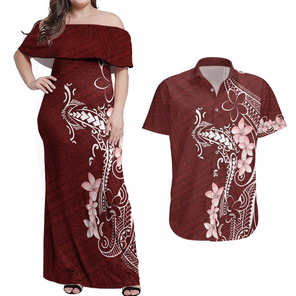 Oxblood Hawaii Couples Matching Off Shoulder Maxi Dress and Hawaiian Shirt Hammerhead Shark Tattoo Curve Polynesian - Polynesian Pride