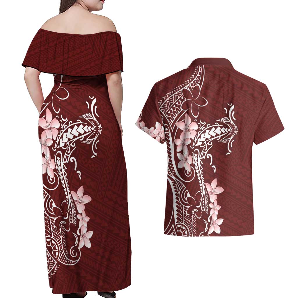 Oxblood Hawaii Couples Matching Off Shoulder Maxi Dress and Hawaiian Shirt Hammerhead Shark Tattoo Curve Polynesian - Polynesian Pride