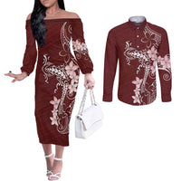 Oxblood Hawaii Couples Matching Off The Shoulder Long Sleeve Dress and Long Sleeve Button Shirt Hammerhead Shark Tattoo Curve Polynesian - Polynesian Pride