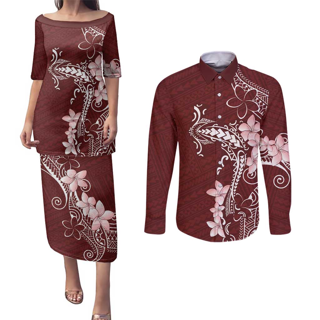 Oxblood Hawaii Couples Matching Puletasi and Long Sleeve Button Shirt Hammerhead Shark Tattoo Curve Polynesian - Polynesian Pride