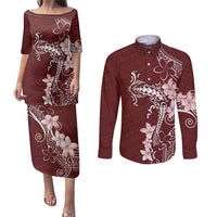 Oxblood Hawaii Couples Matching Puletasi and Long Sleeve Button Shirt Hammerhead Shark Tattoo Curve Polynesian - Polynesian Pride