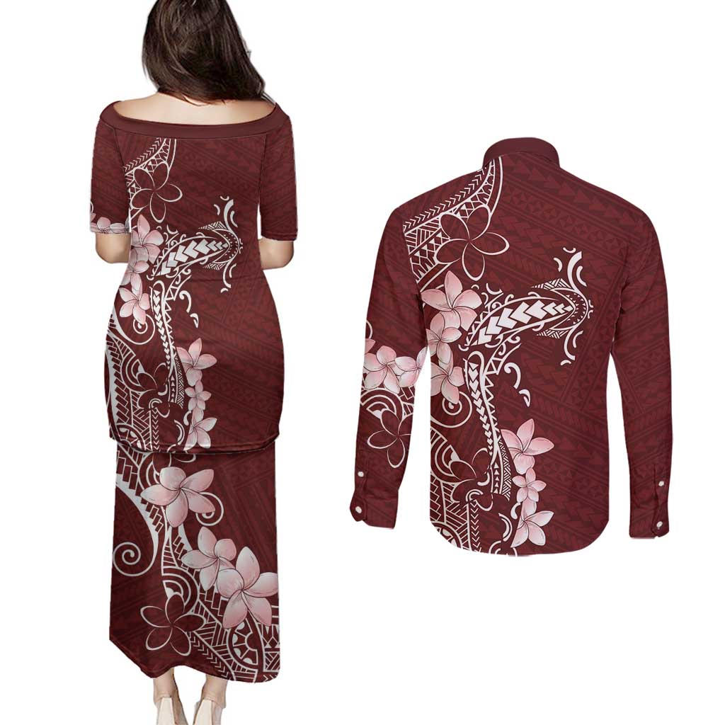 Oxblood Hawaii Couples Matching Puletasi and Long Sleeve Button Shirt Hammerhead Shark Tattoo Curve Polynesian - Polynesian Pride