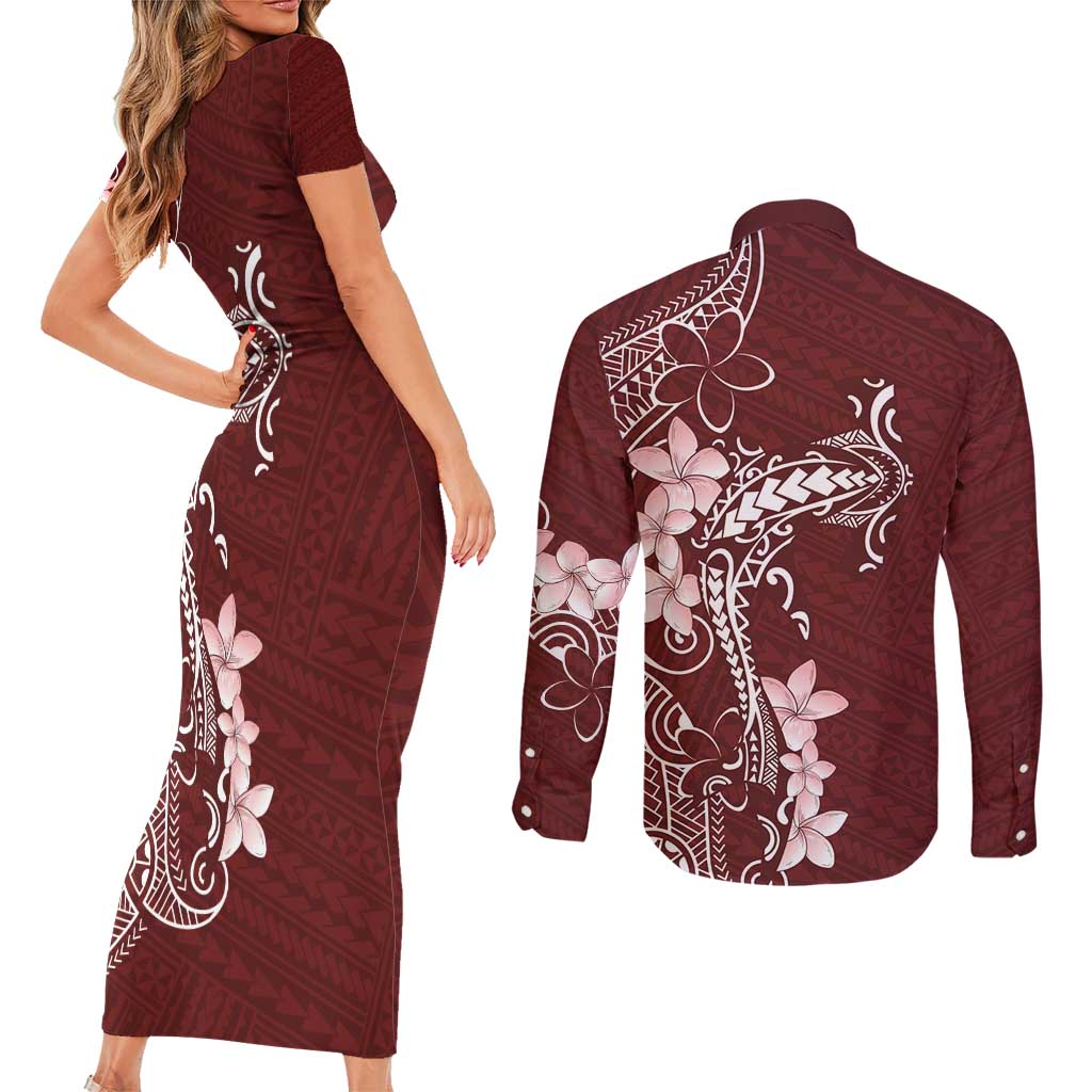 Oxblood Hawaii Couples Matching Short Sleeve Bodycon Dress and Long Sleeve Button Shirt Hammerhead Shark Tattoo Curve Polynesian - Polynesian Pride