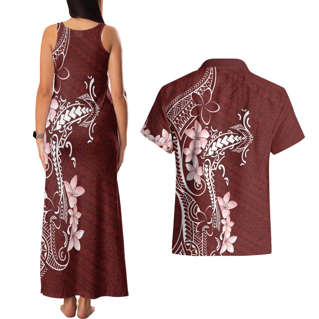 Oxblood Hawaii Couples Matching Tank Maxi Dress and Hawaiian Shirt Hammerhead Shark Tattoo Curve Polynesian - Polynesian Pride
