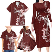 Oxblood Hawaii Family Matching Long Sleeve Bodycon Dress and Hawaiian Shirt Hammerhead Shark Tattoo Curve Polynesian - Polynesian Pride