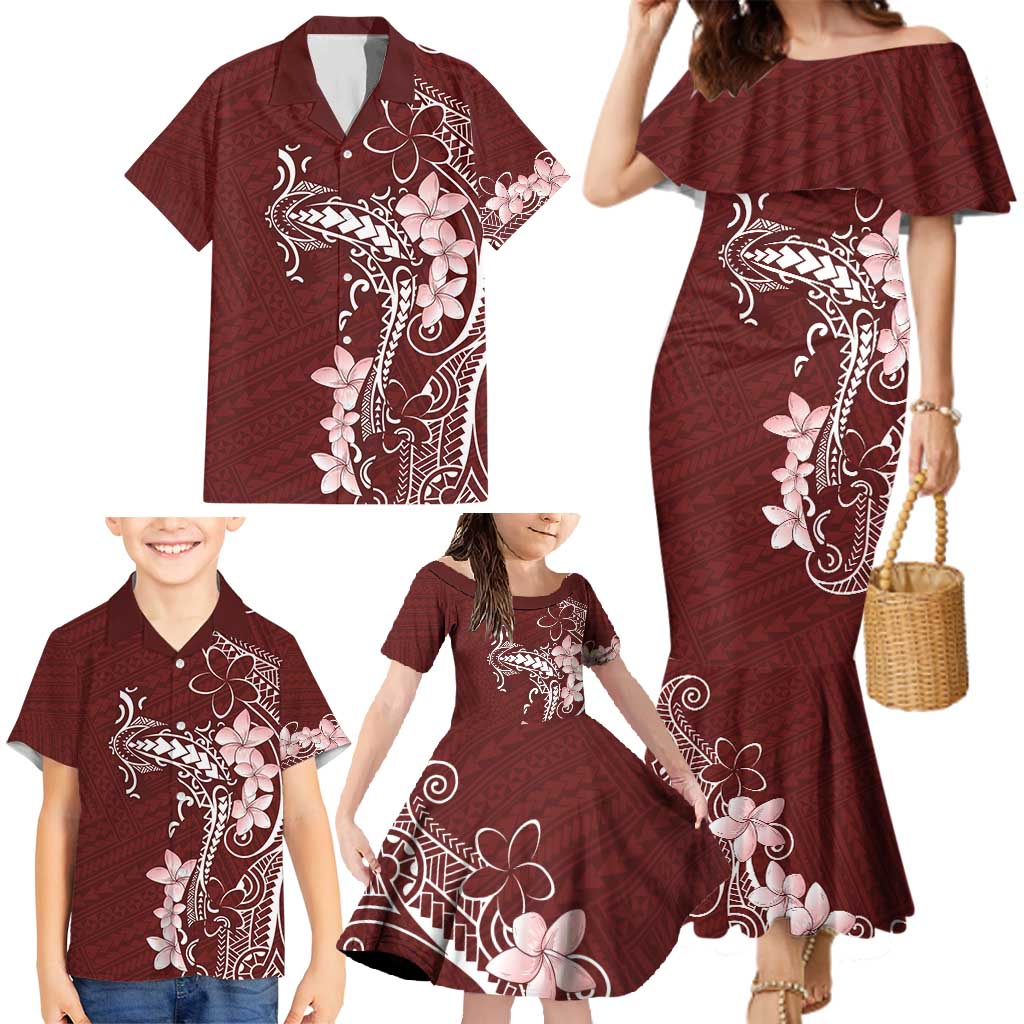 Oxblood Hawaii Family Matching Mermaid Dress and Hawaiian Shirt Hammerhead Shark Tattoo Curve Polynesian - Polynesian Pride