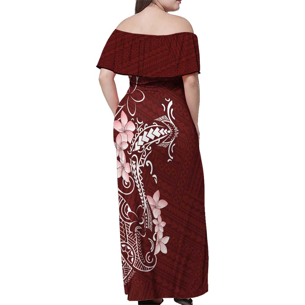 Oxblood Hawaii Family Matching Off Shoulder Maxi Dress and Hawaiian Shirt Hammerhead Shark Tattoo Curve Polynesian - Polynesian Pride