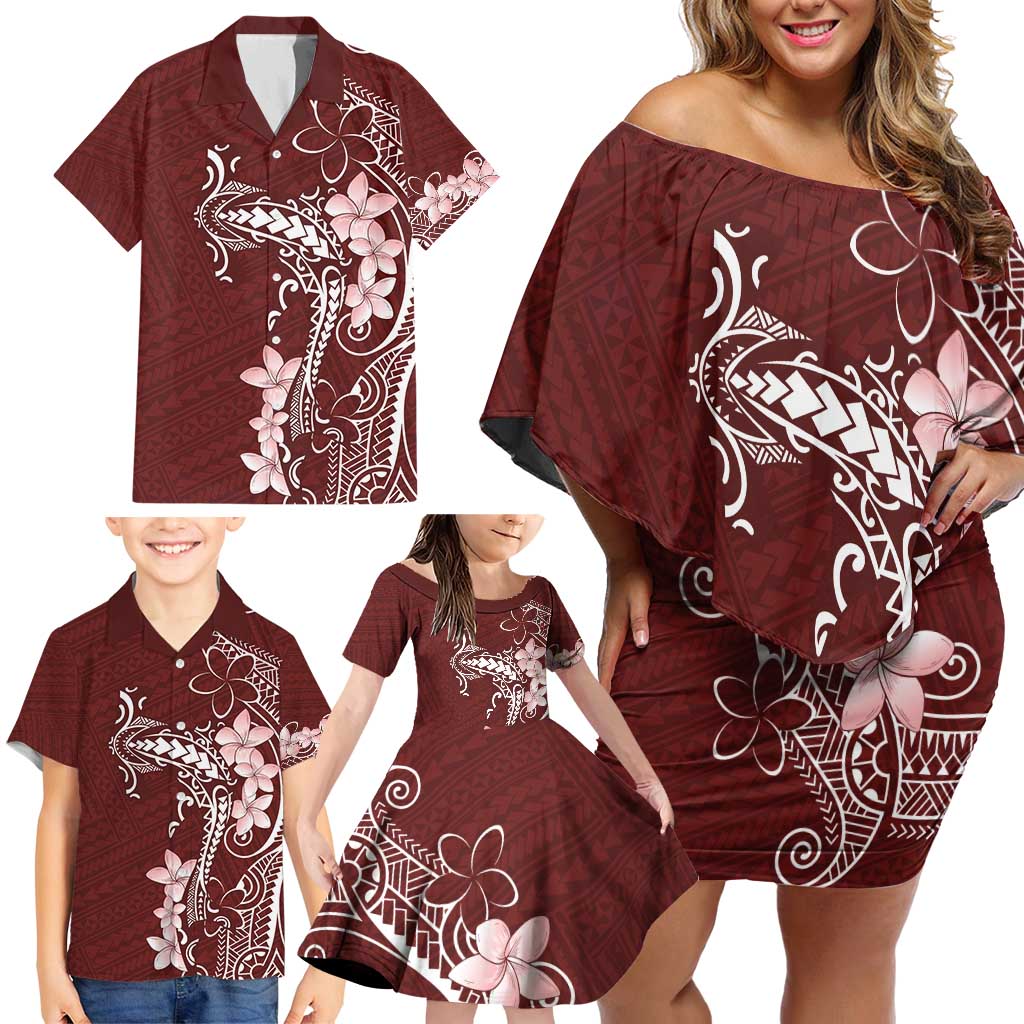 Oxblood Hawaii Family Matching Off Shoulder Short Dress and Hawaiian Shirt Hammerhead Shark Tattoo Curve Polynesian - Polynesian Pride