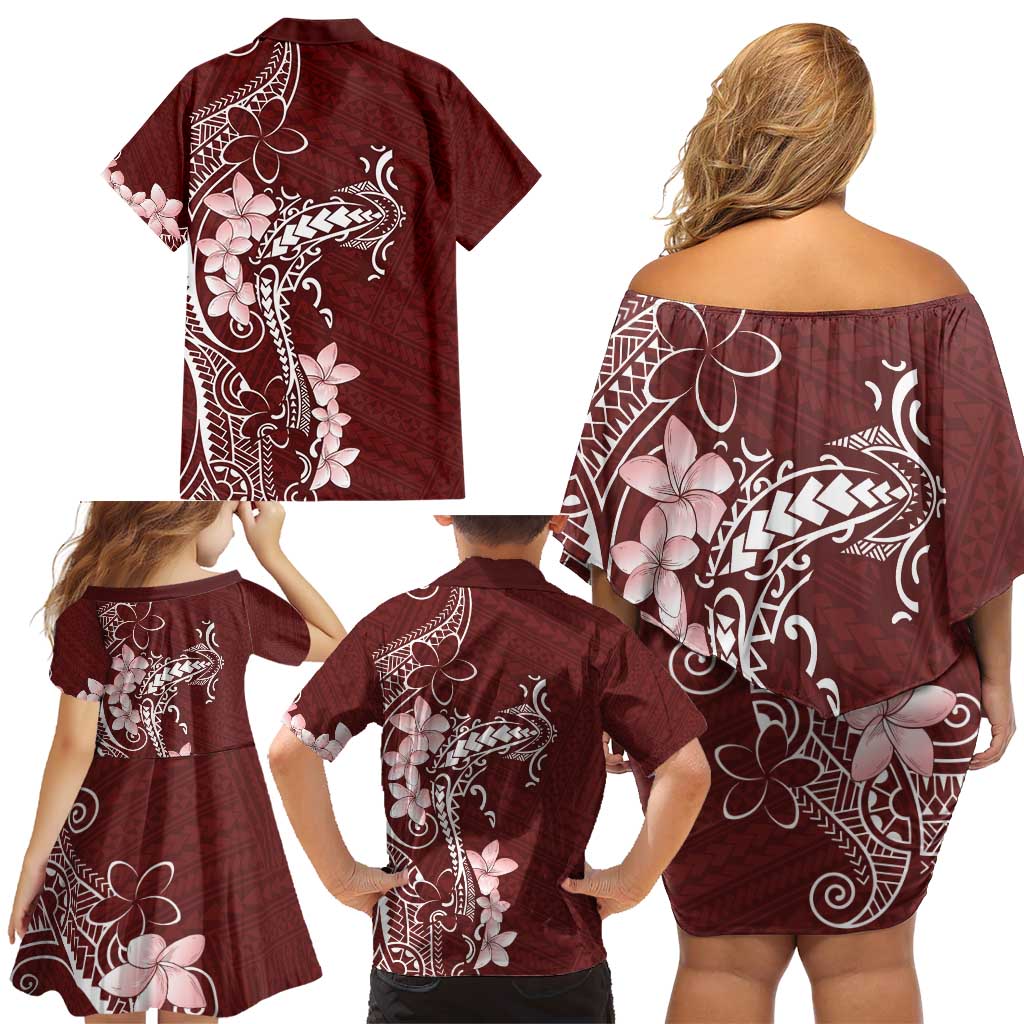 Oxblood Hawaii Family Matching Off Shoulder Short Dress and Hawaiian Shirt Hammerhead Shark Tattoo Curve Polynesian - Polynesian Pride