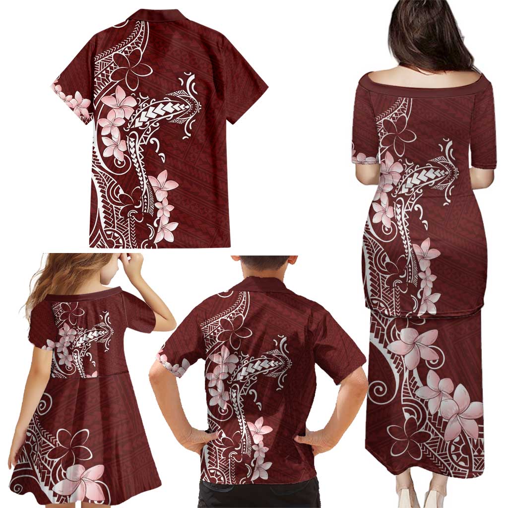 Oxblood Hawaii Family Matching Puletasi and Hawaiian Shirt Hammerhead Shark Tattoo Curve Polynesian - Polynesian Pride