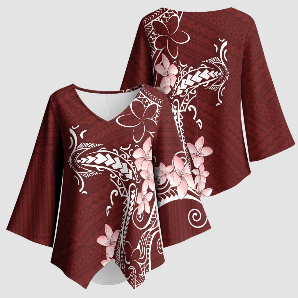 Oxblood Hawaii Kimono Sleeve Blouse Hammerhead Shark Tattoo Curve Polynesian - Polynesian Pride