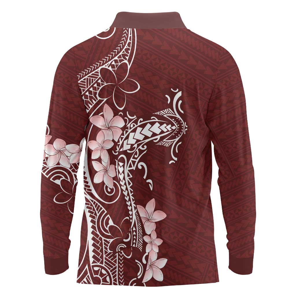 Oxblood Hawaii Long Sleeve Polo Shirt Hammerhead Shark Tattoo Curve Polynesian - Polynesian Pride