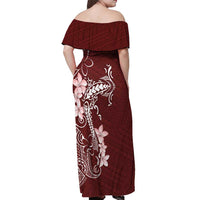 Oxblood Hawaii Off Shoulder Maxi Dress Hammerhead Shark Tattoo Curve Polynesian - Polynesian Pride