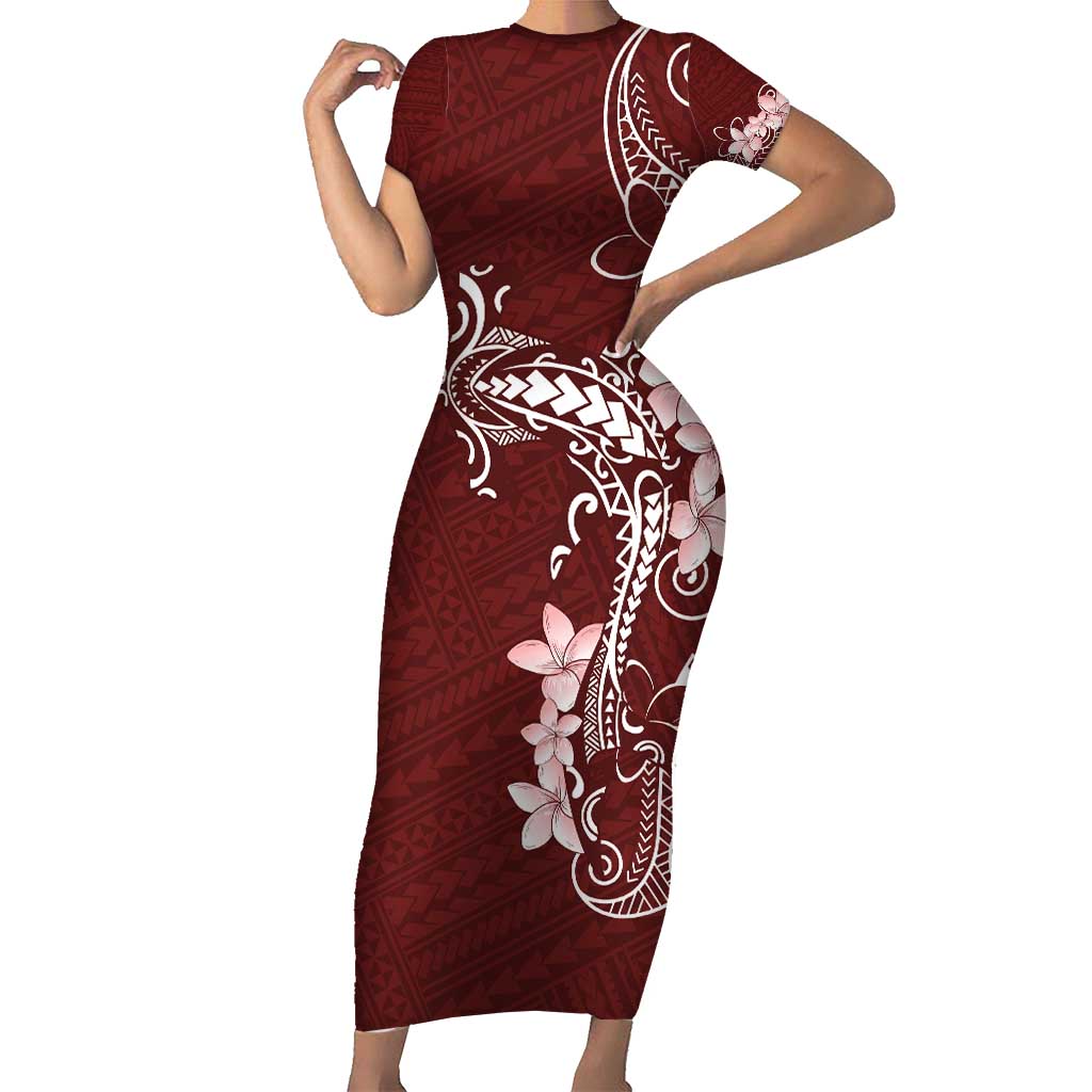 Oxblood Hawaii Short Sleeve Bodycon Dress Hammerhead Shark Tattoo Curve Polynesian - Polynesian Pride