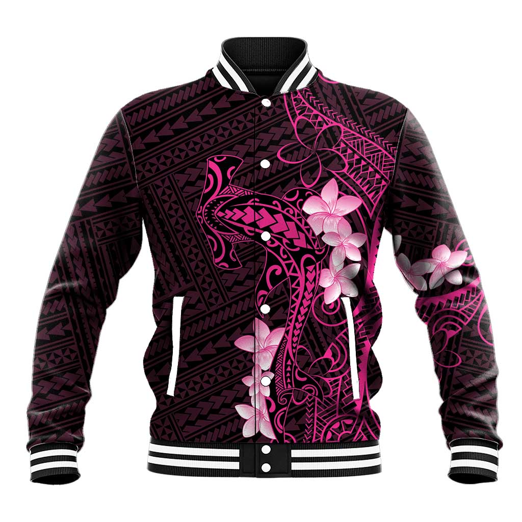 Pink Hawaii Baseball Jacket Hammerhead Shark Tattoo Curve Polynesian - Polynesian Pride