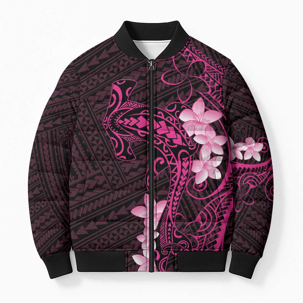 Pink Hawaii Bomber Puffer Jacket Hammerhead Shark Tattoo Curve Polynesian - Polynesian Pride