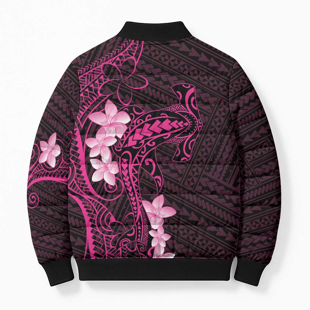 Pink Hawaii Bomber Puffer Jacket Hammerhead Shark Tattoo Curve Polynesian - Polynesian Pride