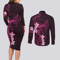Pink Hawaii Couples Matching Long Sleeve Bodycon Dress and Long Sleeve Button Shirt Hammerhead Shark Tattoo Curve Polynesian - Polynesian Pride