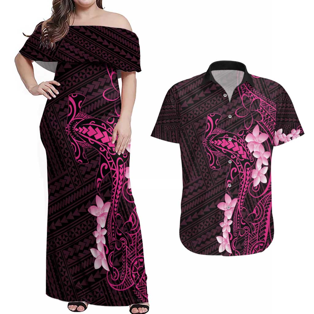 Pink Hawaii Couples Matching Off Shoulder Maxi Dress and Hawaiian Shirt Hammerhead Shark Tattoo Curve Polynesian - Polynesian Pride
