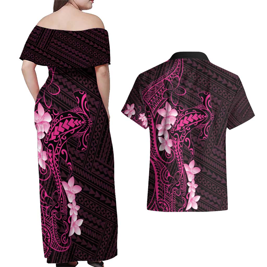 Pink Hawaii Couples Matching Off Shoulder Maxi Dress and Hawaiian Shirt Hammerhead Shark Tattoo Curve Polynesian - Polynesian Pride