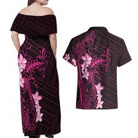 Pink Hawaii Couples Matching Off Shoulder Maxi Dress and Hawaiian Shirt Hammerhead Shark Tattoo Curve Polynesian - Polynesian Pride