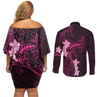 Pink Hawaii Couples Matching Off Shoulder Short Dress and Long Sleeve Button Shirt Hammerhead Shark Tattoo Curve Polynesian - Polynesian Pride