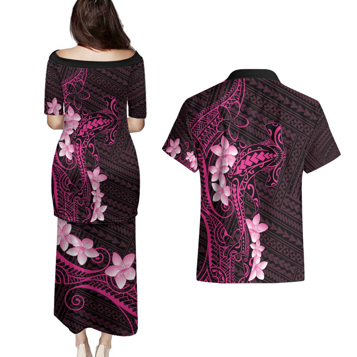 Pink Hawaii Couples Matching Puletasi and Hawaiian Shirt Hammerhead Shark Tattoo Curve Polynesian - Polynesian Pride