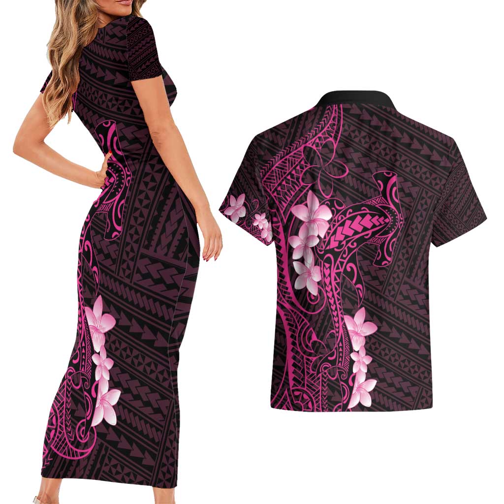 Pink Hawaii Couples Matching Short Sleeve Bodycon Dress and Hawaiian Shirt Hammerhead Shark Tattoo Curve Polynesian - Polynesian Pride