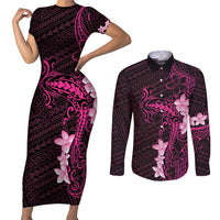 Pink Hawaii Couples Matching Short Sleeve Bodycon Dress and Long Sleeve Button Shirt Hammerhead Shark Tattoo Curve Polynesian - Polynesian Pride