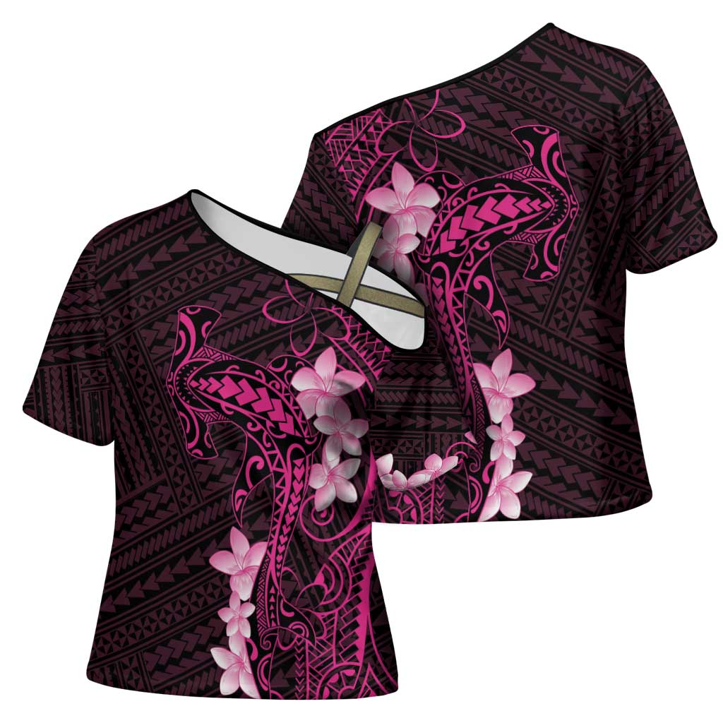 Pink Hawaii Cross Shoulder Shirt Hammerhead Shark Tattoo Curve Polynesian - Polynesian Pride