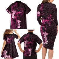 Pink Hawaii Family Matching Long Sleeve Bodycon Dress and Hawaiian Shirt Hammerhead Shark Tattoo Curve Polynesian - Polynesian Pride