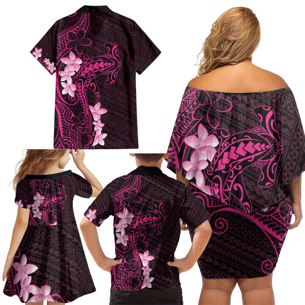 Pink Hawaii Family Matching Off Shoulder Short Dress and Hawaiian Shirt Hammerhead Shark Tattoo Curve Polynesian - Polynesian Pride