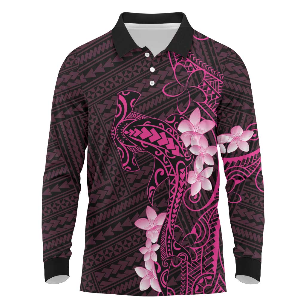Pink Hawaii Long Sleeve Polo Shirt Hammerhead Shark Tattoo Curve Polynesian - Polynesian Pride