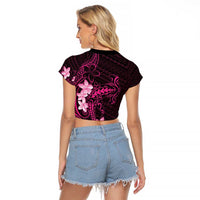 Pink Hawaii Raglan Cropped T Shirt Hammerhead Shark Tattoo Curve Polynesian - Polynesian Pride