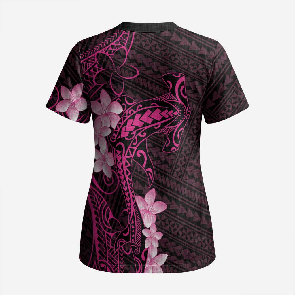 Pink Hawaii Scrub Top Hammerhead Shark Tattoo Curve Polynesian - Polynesian Pride
