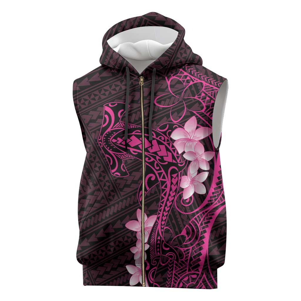 Pink Hawaii Sleeveless Zip Hoodie Hammerhead Shark Tattoo Curve Polynesian - Polynesian Pride